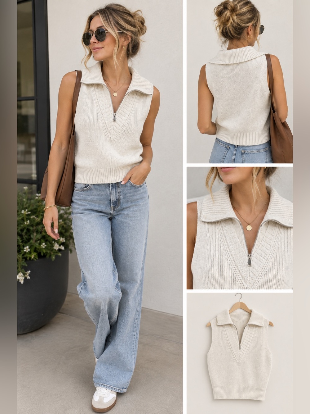 Cream Knit Zip-Up Collared Sweater Vest